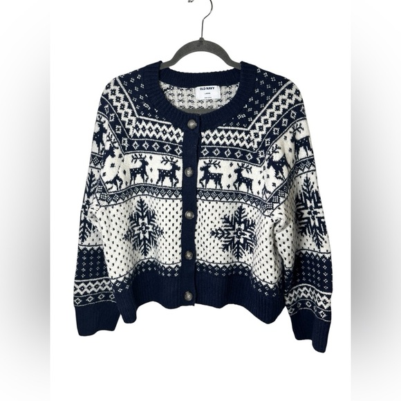 Old Navy Women’s L Petite Fair Isle Reindeer Snowflake Cardigan Sweater – Navy - Picture 1 of 5